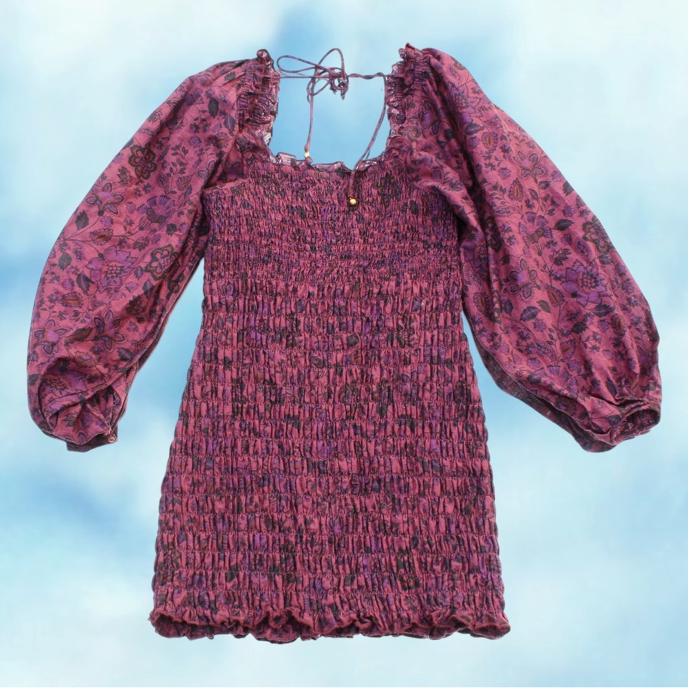 Free People, “smock it to me”, wine mini dress with peasant/balloon sleeves.
